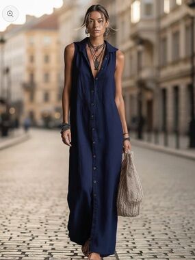 Valora Sleeveless Navy Button-Front Hooded Maxi Dress large NWOT